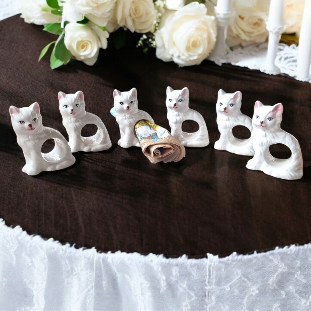 Vintage Abbott Elegant White Ceramic Cat Napkin Holders Set Of 6